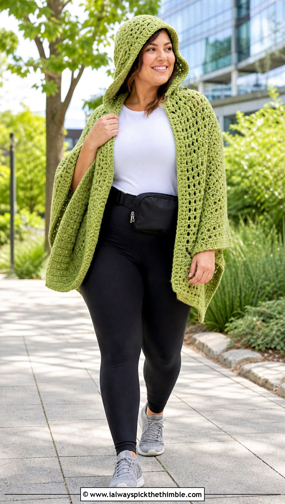Hooded Crochet Poncho With Leggings And Sneakers - 20 Easy Simple Crochet Poncho outfit ideas