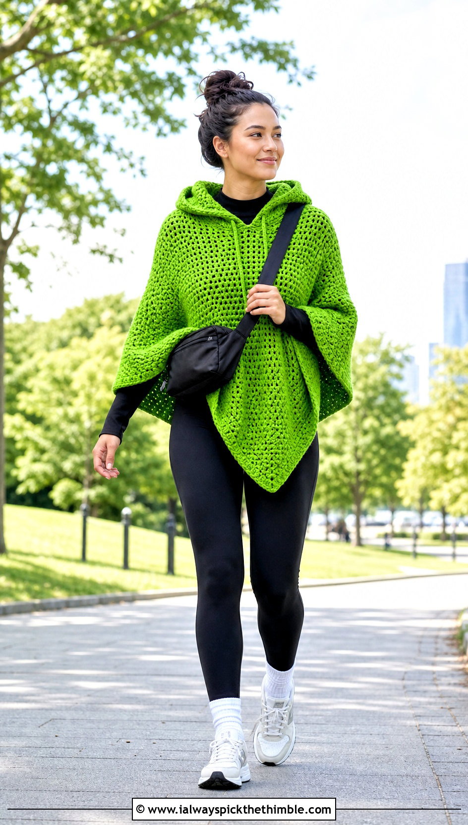Hooded Crochet Poncho With Leggings And Sneakers - 25 crochet poncho outfit ideas
