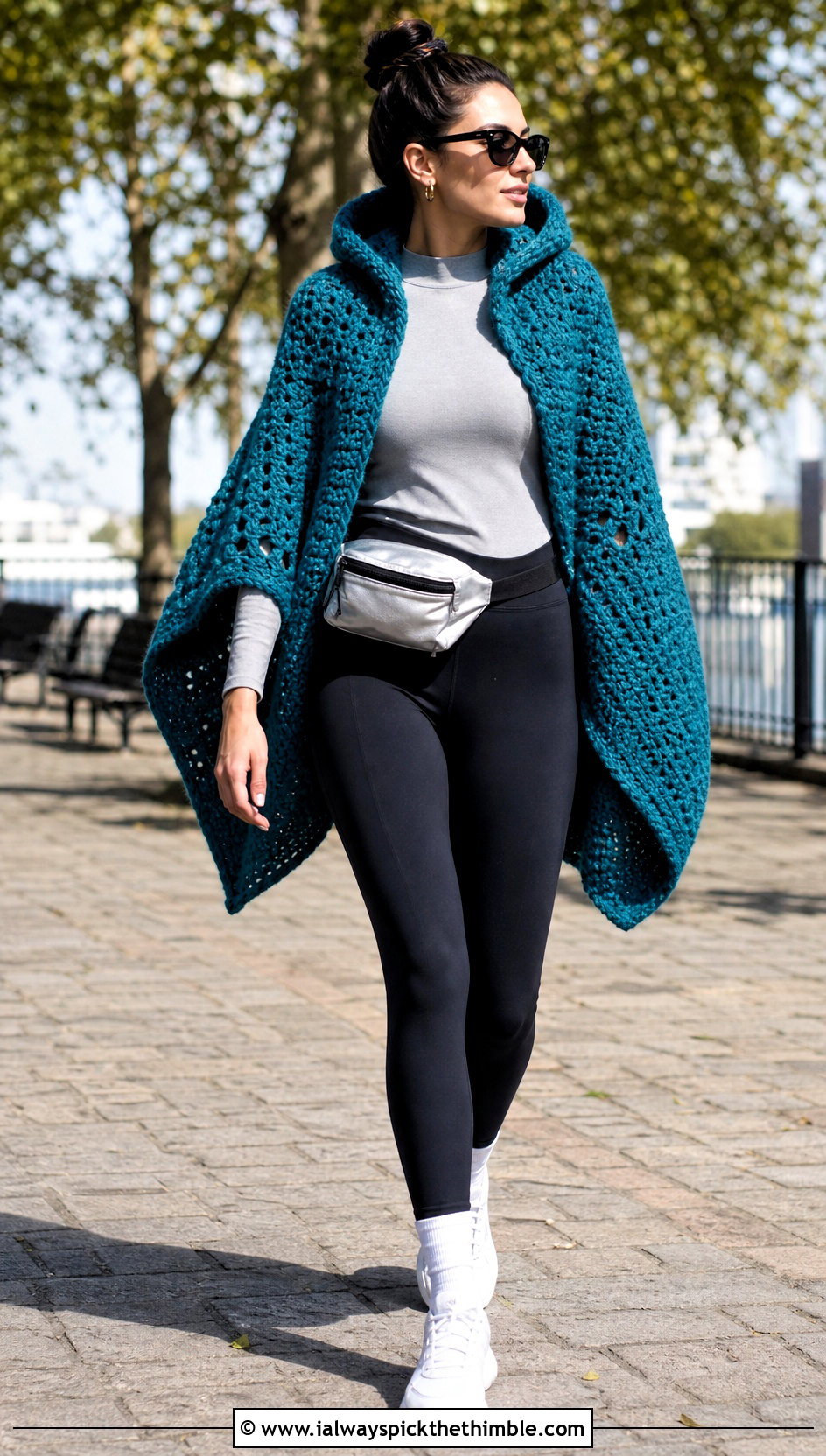 Hooded Crochet Poncho With Leggings And Sneakers - 15 Crochet For Ponchos For Women outfit ideas