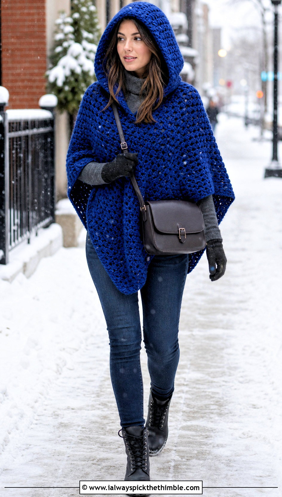 Hooded Crochet Poncho With Skinny Jeans - 20 woman winter crochet poncho outfit ideas