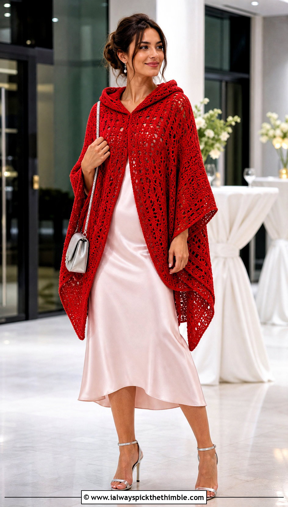 Hooded Crochet Poncho With Slip Dress - 25 Crochet Hooded Poncho outfit ideas