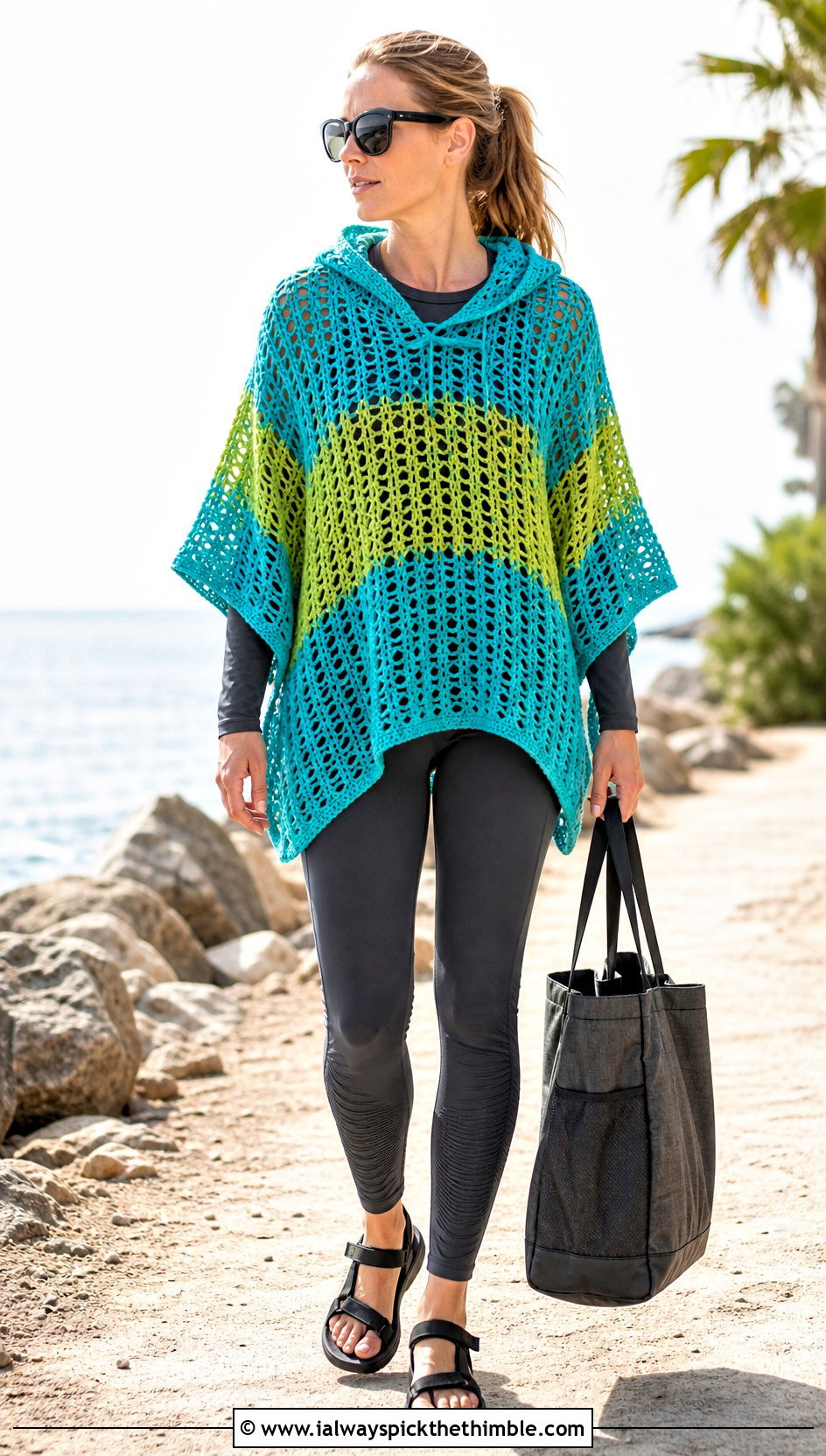 Hooded Crochet Poncho With Swim Leggings - 25 crochet bathing suit cover up outfit ideas