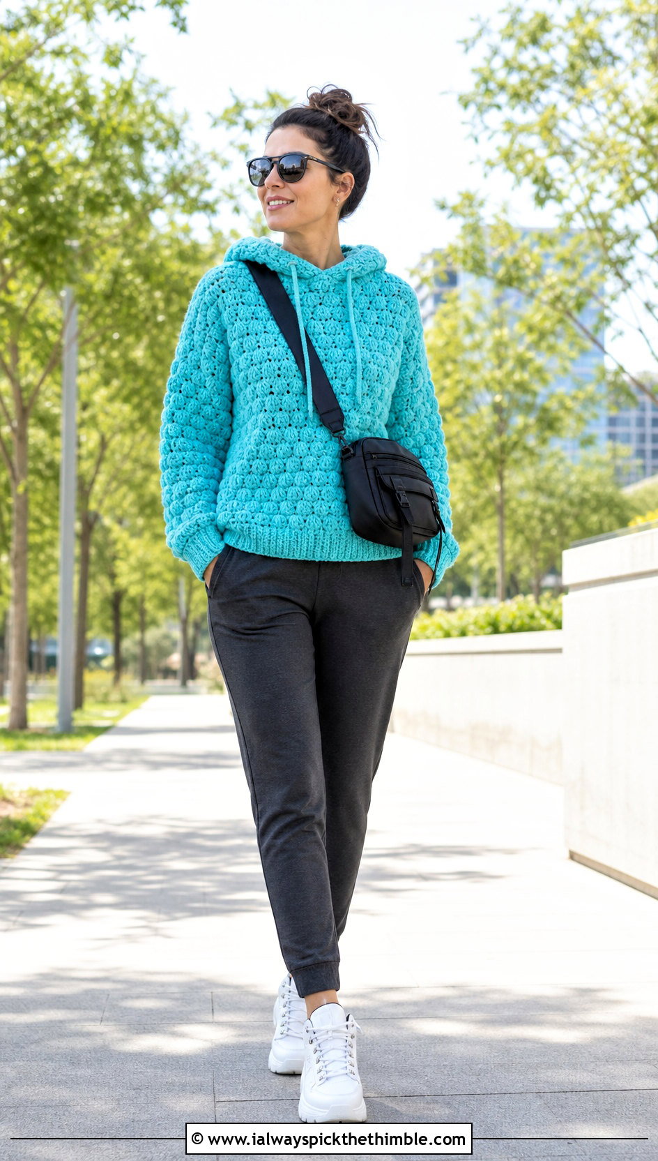 Hooded Crochet Puff Stitch Sweater With Joggers - 20 Crochet Puff Stitch Sweater outfit ideas