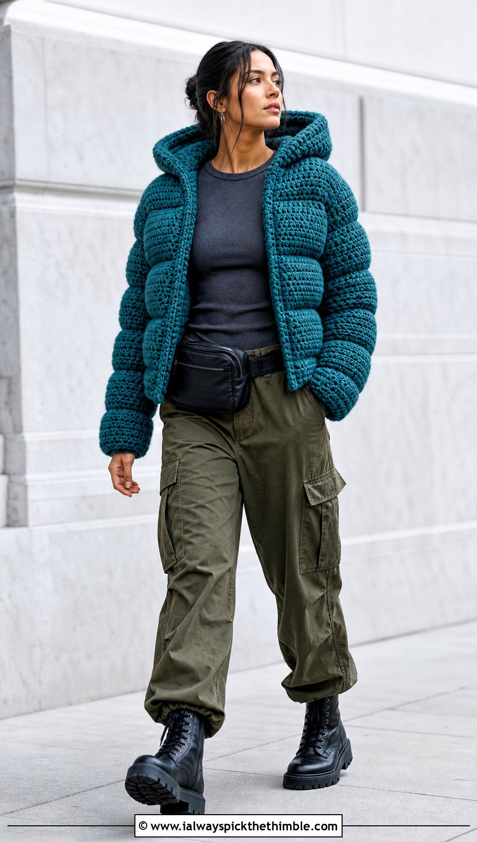 Hooded Crochet Puffer Jacket With Cargo Pants - 25 crochet puffer jacket outfit ideas