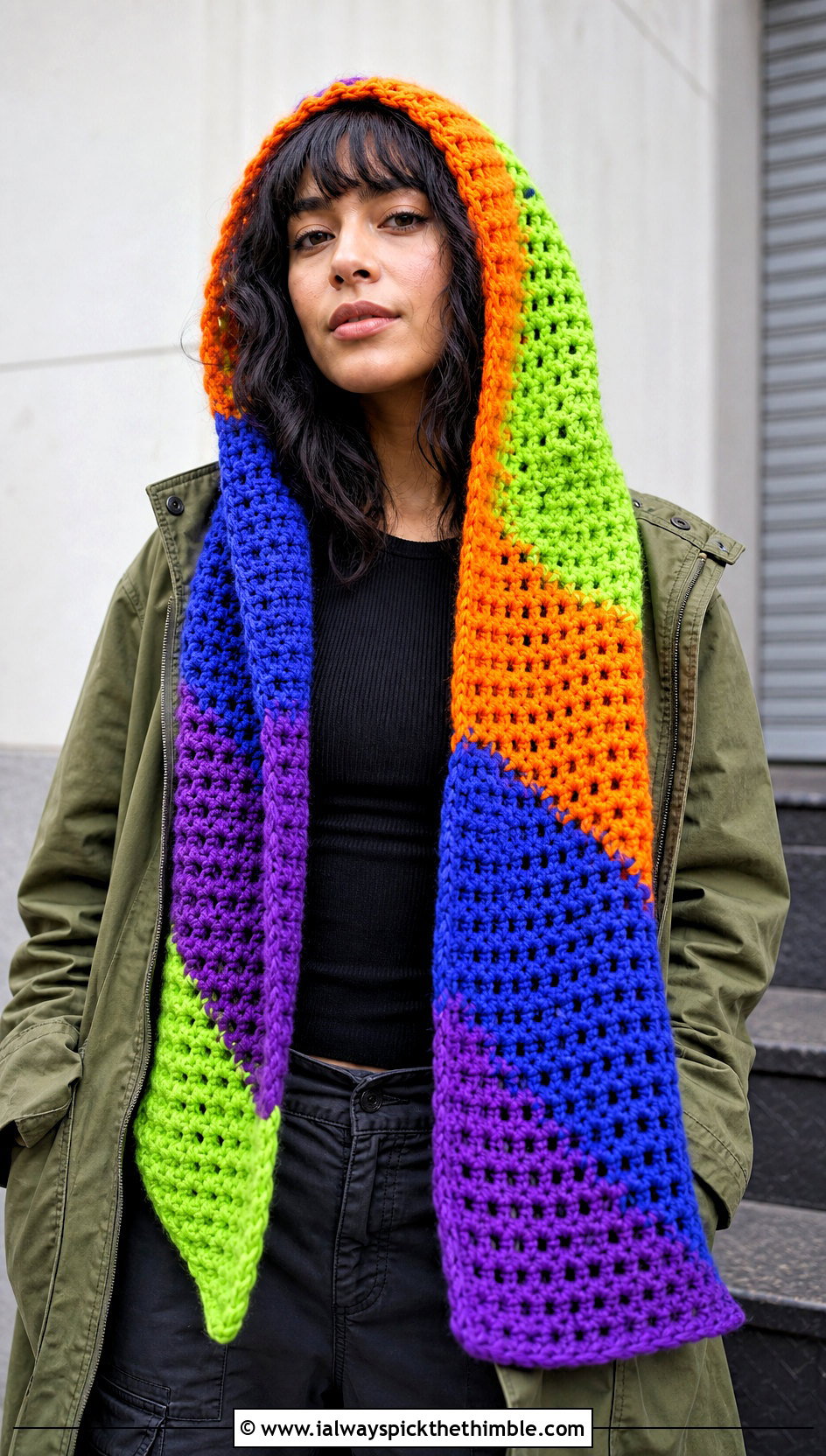 Hooded Crochet Rainbow Scarf With Utility Jacket And Cargo Pants - 15 Crochet Rainbow Scarf outfit ideas
