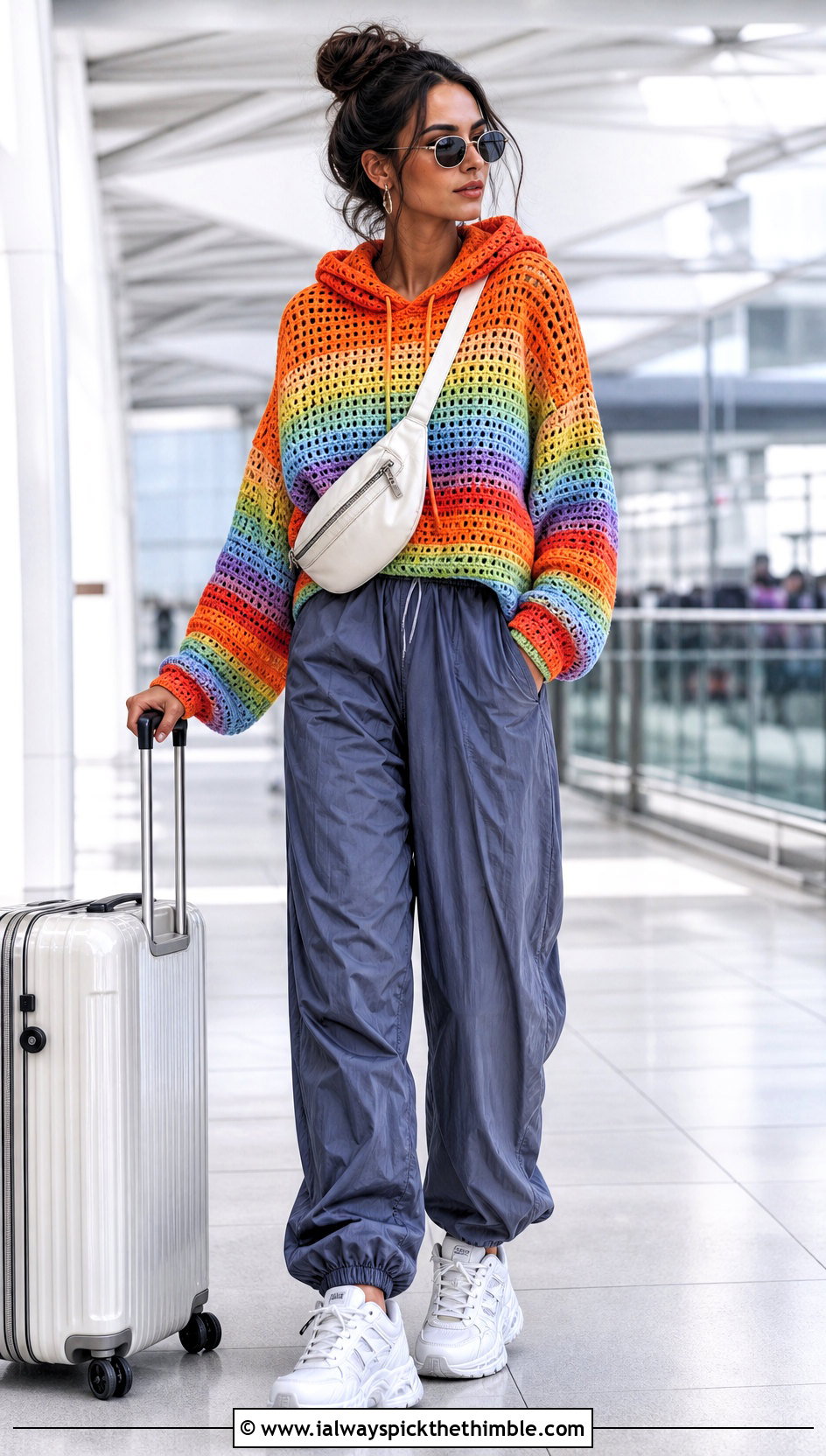 Hooded Crochet Rainbow Sweater With Parachute Pants - 20 Crochet Rainbow Sweater outfit ideas