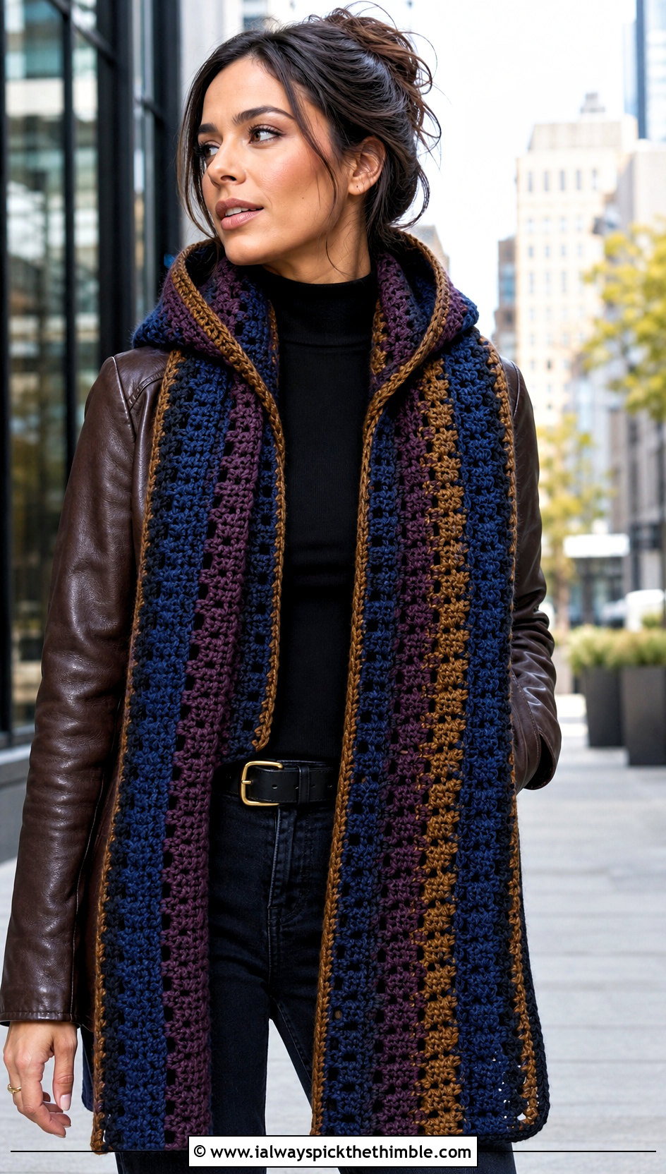 Hooded Crochet Ravenclaw Scarf With Leather Jacket - 25 crochet ravenclaw scarf outfit ideas