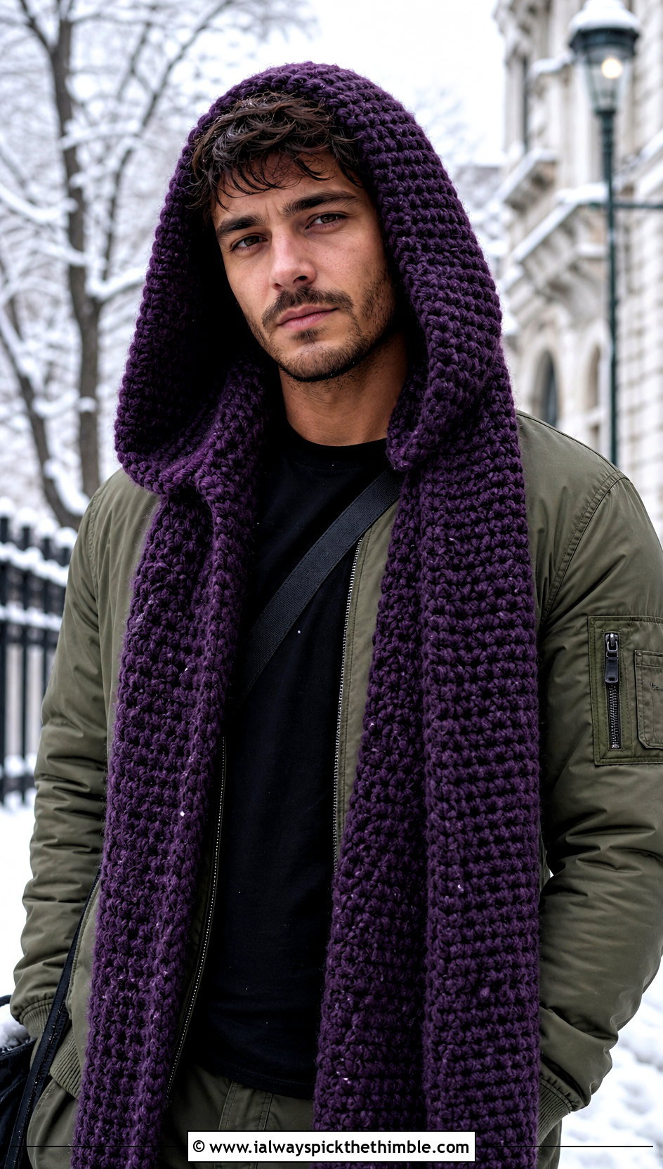 Hooded Crochet Scarf With Bomber Jacket - 25 men's crochet scarf outfit ideas