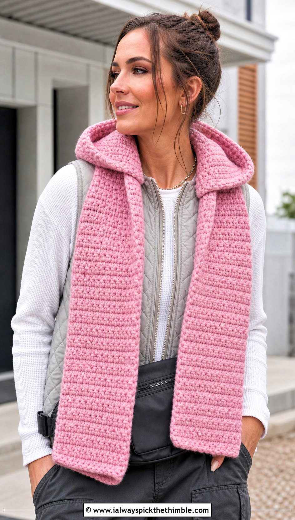 Hooded Crochet Scarf With Cargo Pants - 20 Crochet Scarf Worsted Weight Yarn outfit ideas