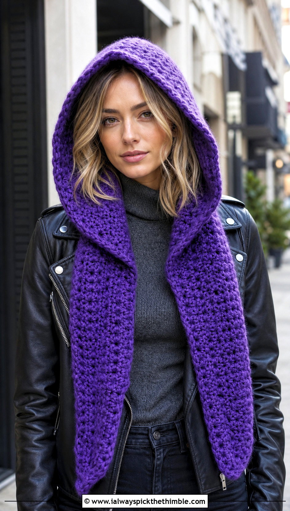 Hooded Crochet Scarf With Leather Jacket - 25 crochet scarves outfit ideas