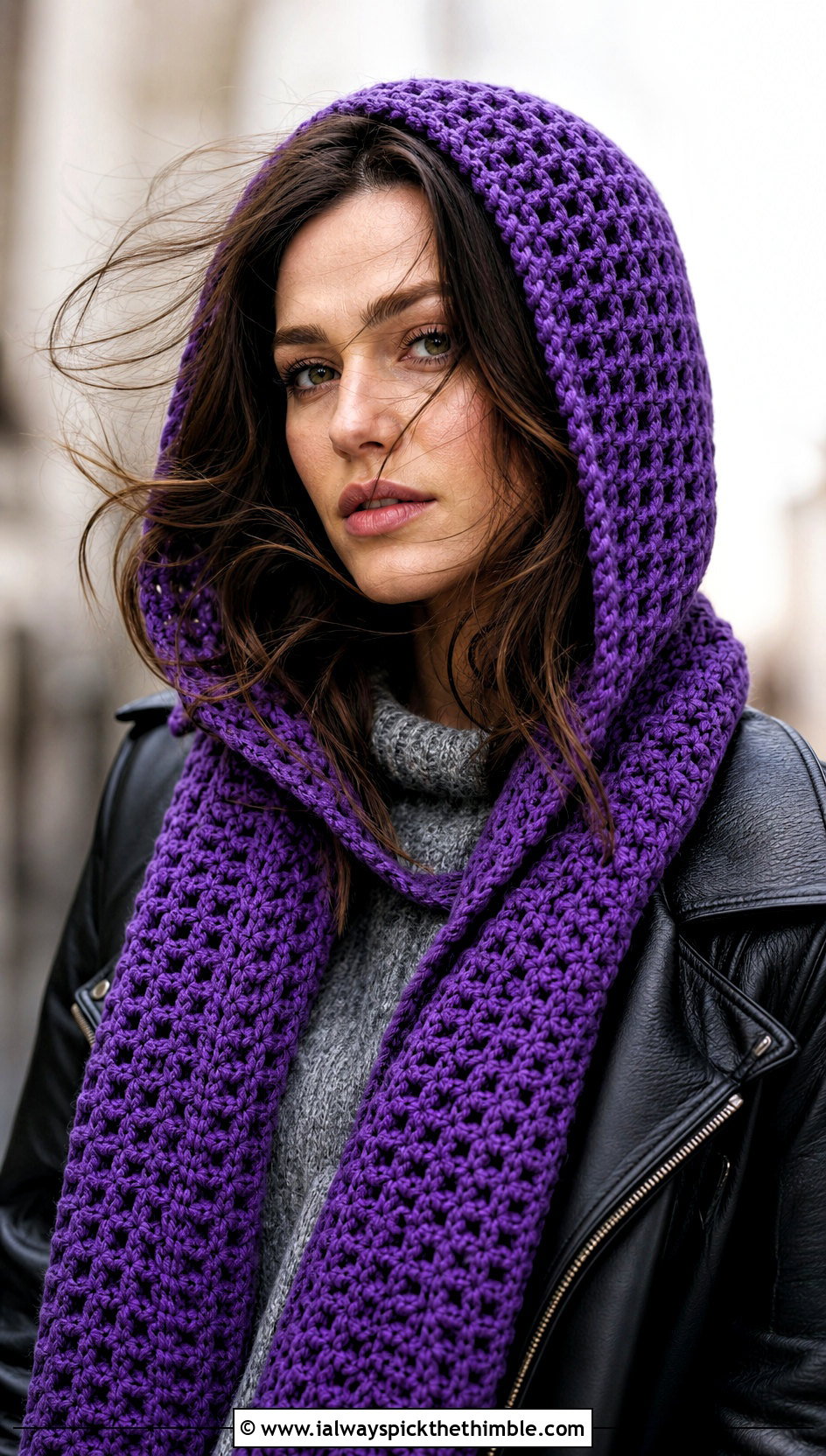 Hooded Crochet Scarf With Leather Jacket - 25 crocheted scarf outfit ideas