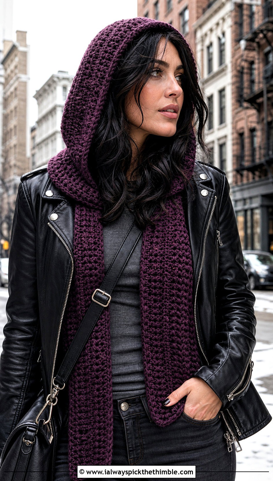 Hooded Crochet Scarf With Leather Jacket - 25 cute crochet scarf outfit ideas