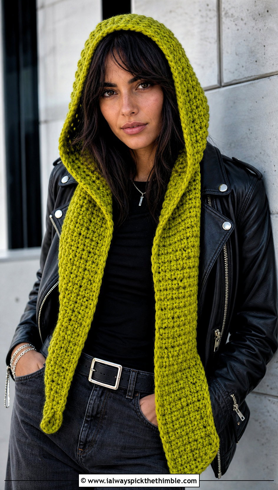 Hooded Crochet Scarf With Leather Jacket - 20 easy crochet scarfs outfit ideas