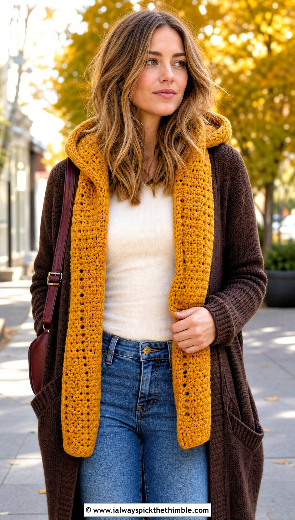Hooded Crochet Scarf With Long Cardigan - 15 Crochet Fancy Scarf outfit ideas