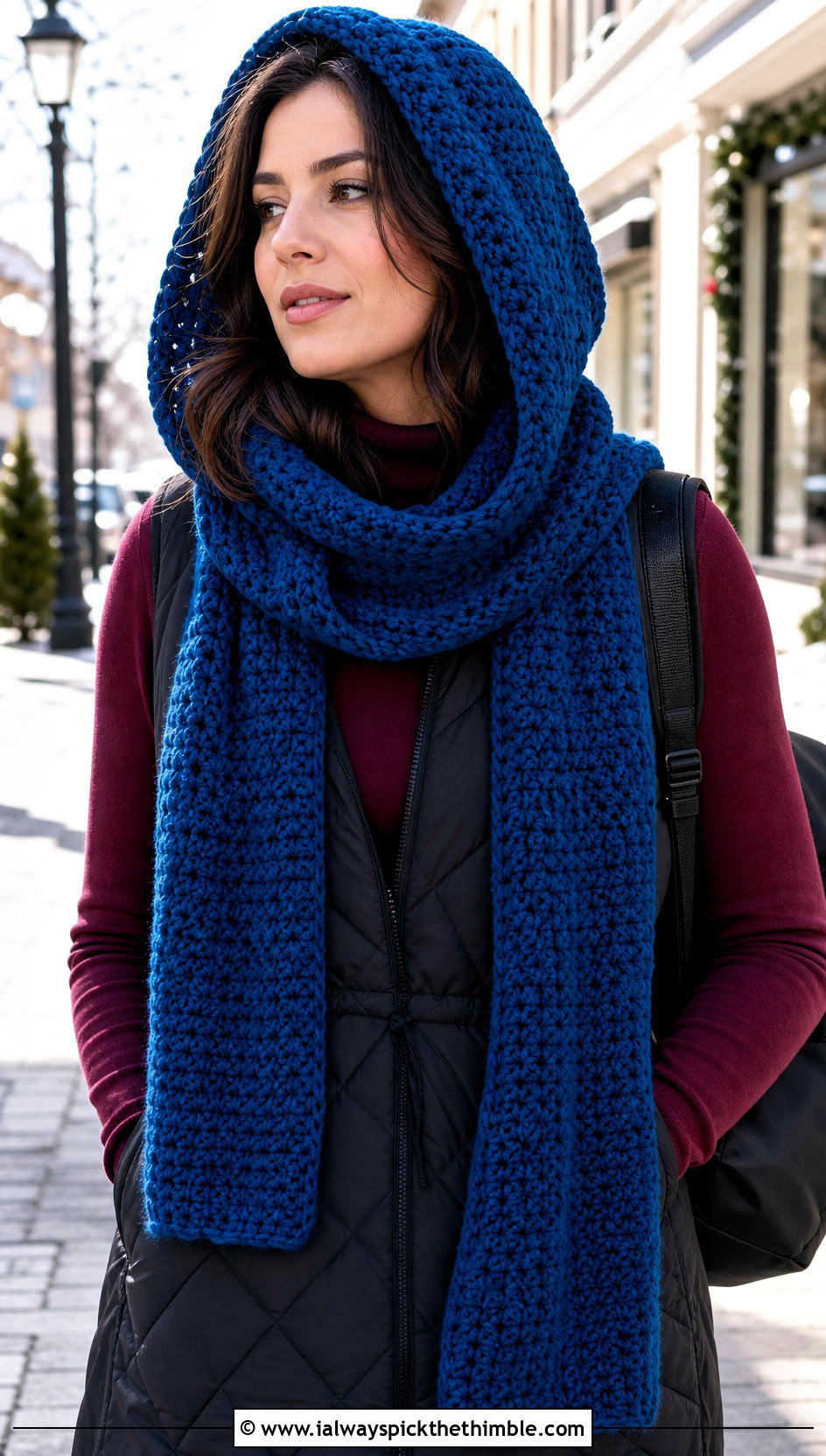 Hooded Crochet Scarf With Longline Vest - 25 Winter Crochet Scarf outfit ideas