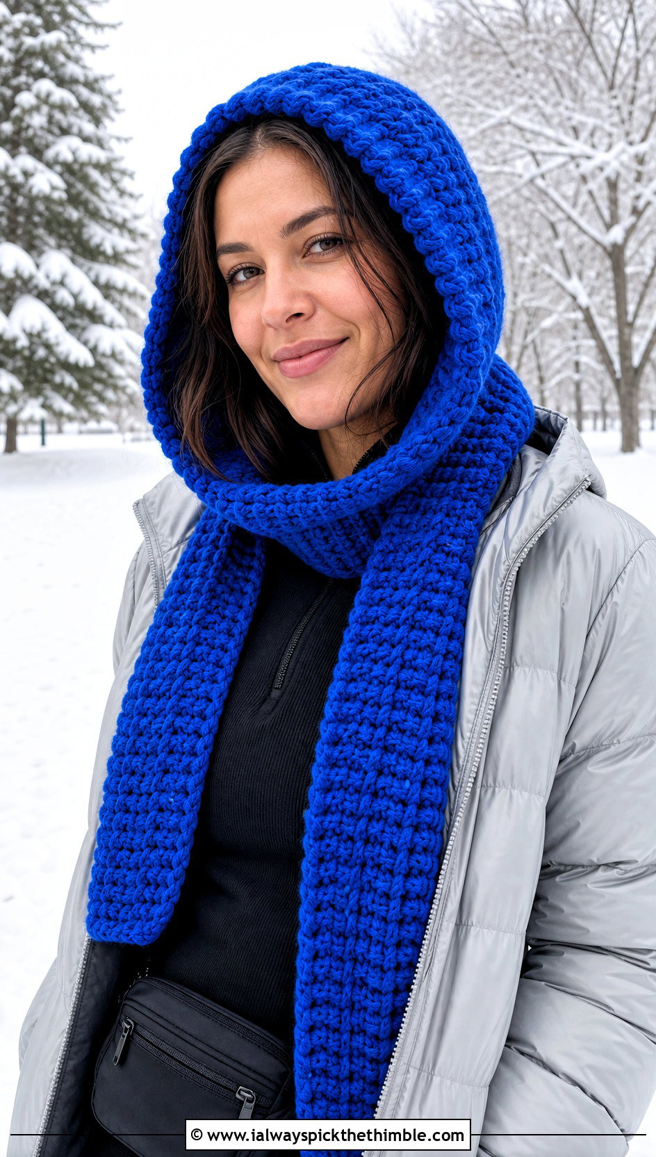 Hooded Crochet Scarf With Puffer Jacket And Leggings - 20 Beautiful Crochet Scarf outfit ideas