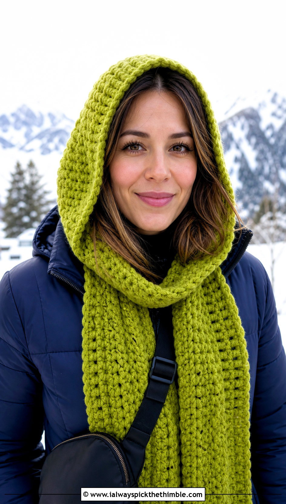 Hooded Crochet Scarf With Puffer Jacket And Leggings - 15 elegant crochet scarf design outfit ideas