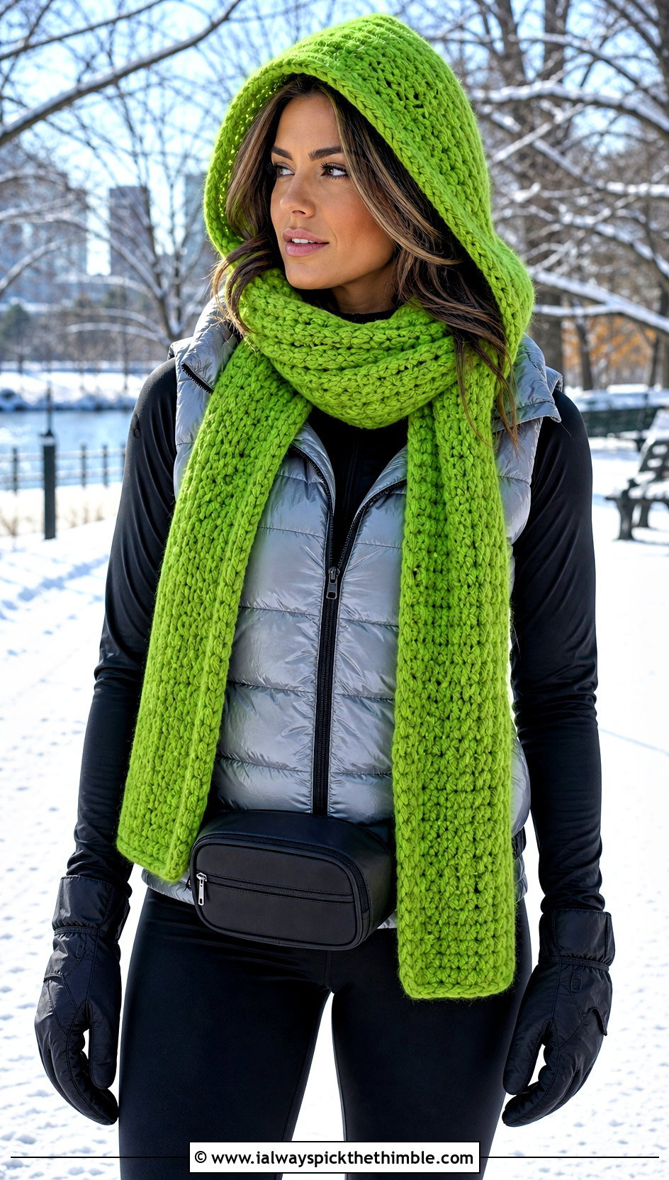 Hooded Crochet Scarf With Puffer Vest And Leggings - 15 Super Bulky Crochet Scarf outfit ideas