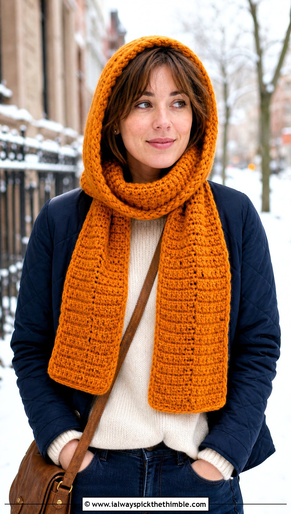 Hooded Crochet Scarf With Quilted Jacket - 25 quick crochet scarf outfit ideas