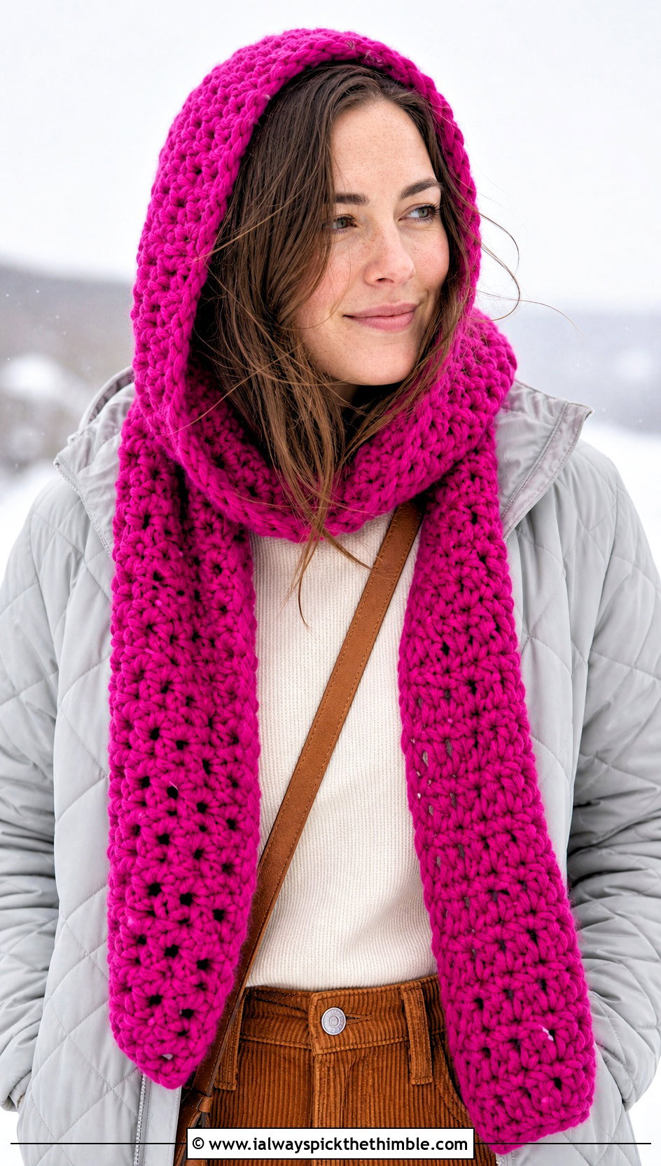 Hooded Crochet Scarf With Quilted Jacket And Corduroy Pants - 20 one row repeat crochet scarf outfit ideas