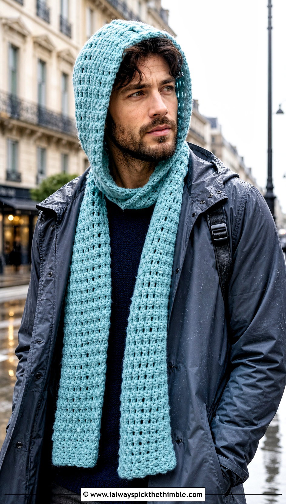 Hooded Crochet Scarf With Raincoat - 20 men's crocheted scarf outfit ideas