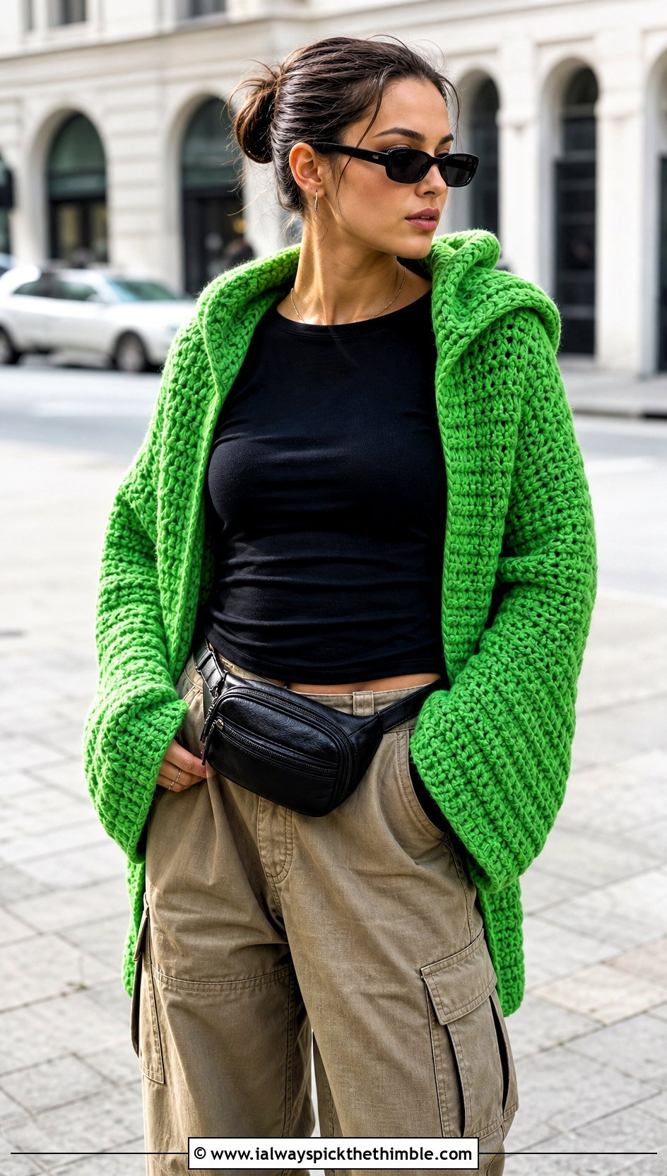 Hooded Crochet Scarf With Sleeves And Cargo Pants - 25 crochet scarf with sleeves outfit ideas