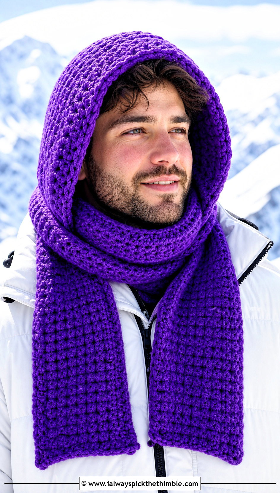 Hooded Crochet Scarf With Snow Jacket - 25 crochet scarf for men outfit ideas