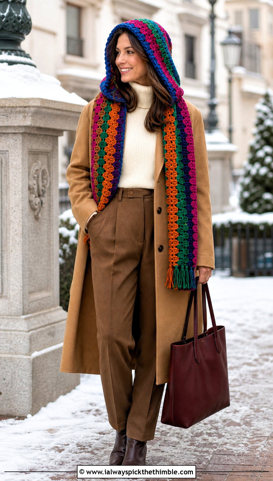 Hooded Crochet Scarf With Tailored Coat - 20 multi colored crochet scarf outfit ideas