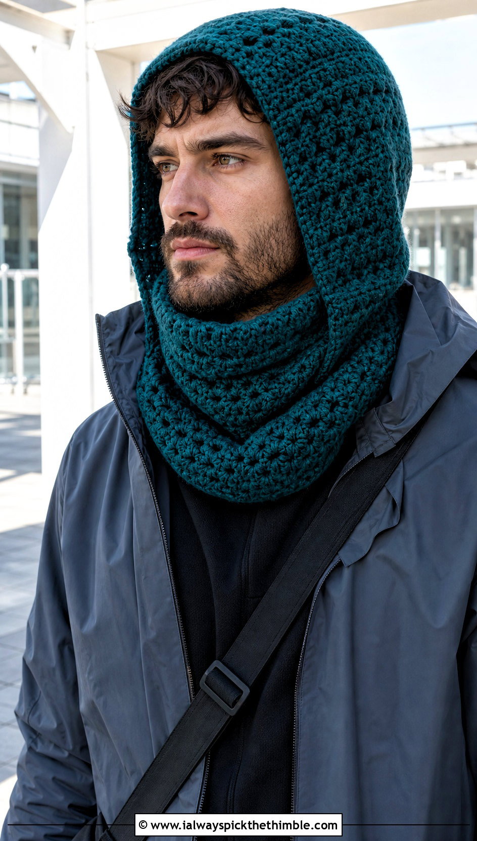 Hooded Crochet Scarf With Techwear Outfit - 25 men crochet scarf outfit ideas