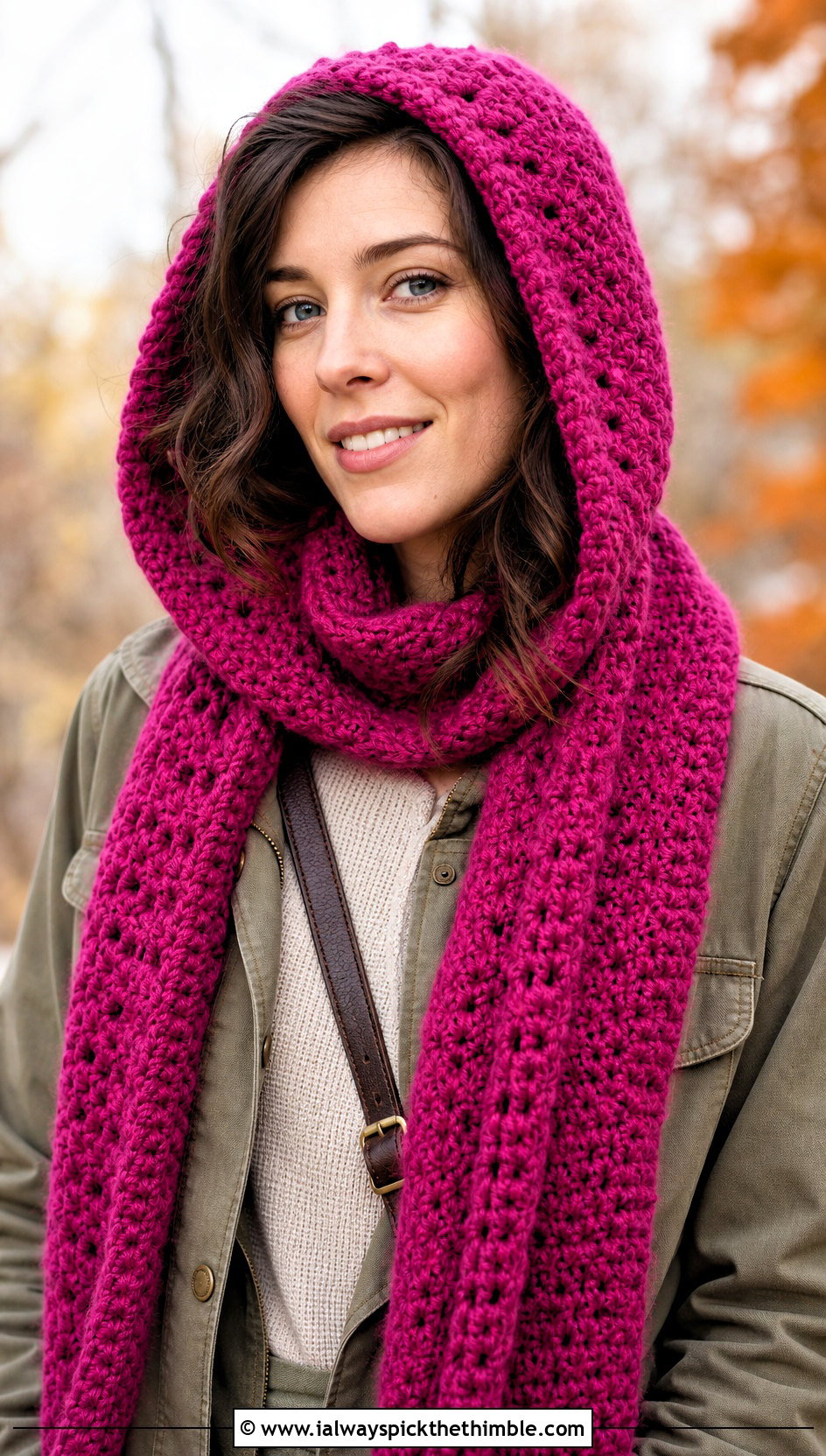Hooded Crochet Scarf With Utility Jacket - 20 autumn crochet scarf outfit ideas