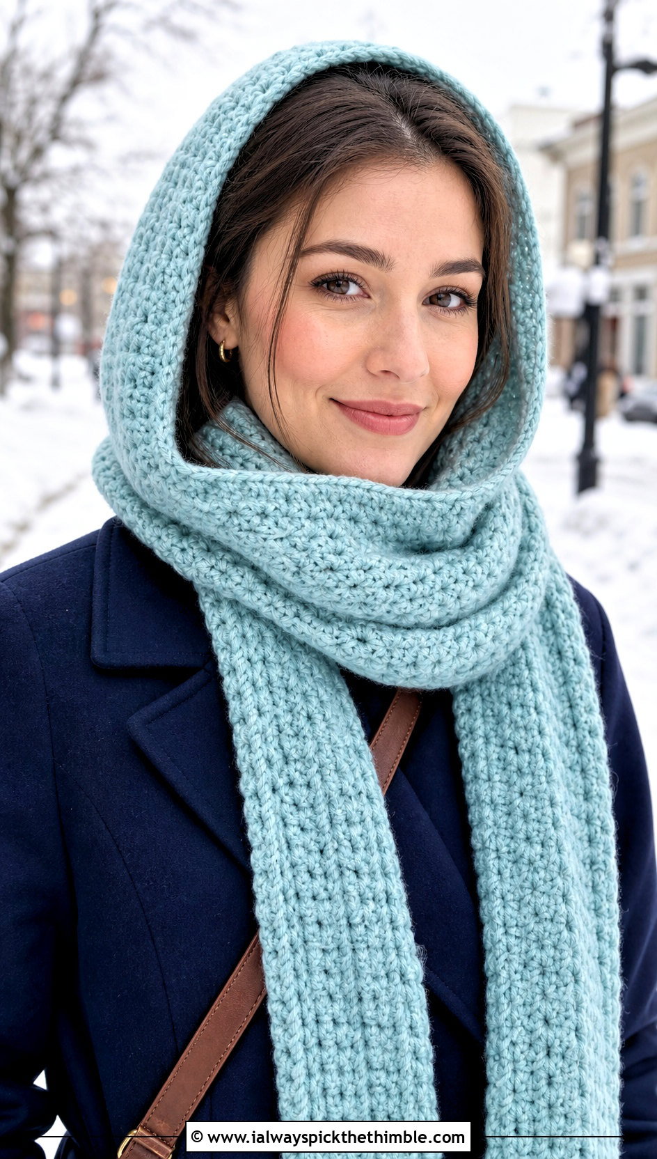 Hooded Crochet Scarf With Wool Coat - 15 beginner crochet scarf design outfit ideas
