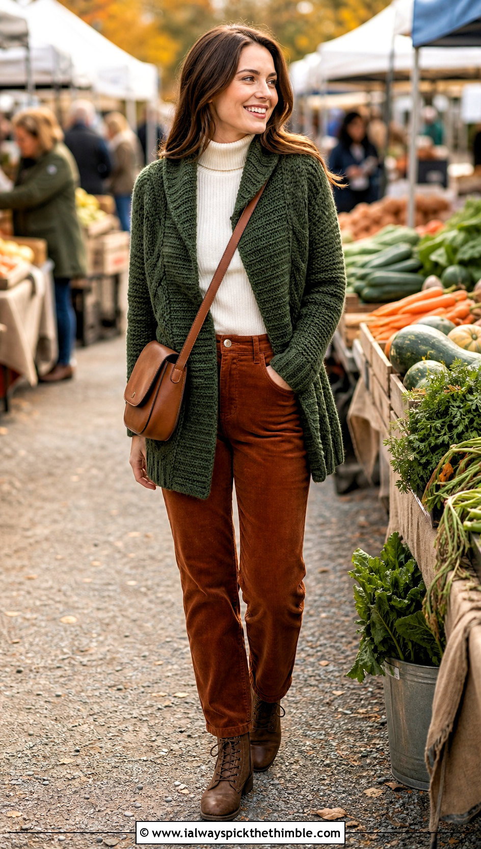 Hooded Crochet Shawl Collar Cardigan With Corduroy Pants - 20 Crochet Shawl Collar Sweater outfit ideas