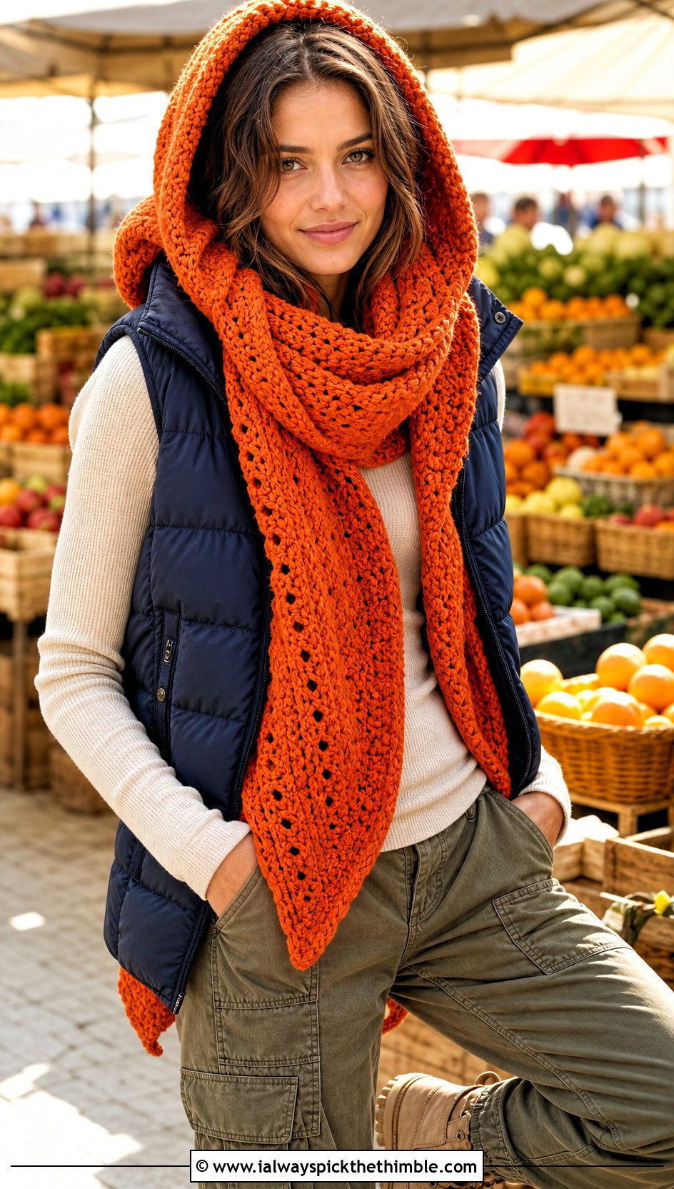 Hooded Crochet Shawl Scarf With Puffer Vest - 20 crochet shawl scarf outfit ideas