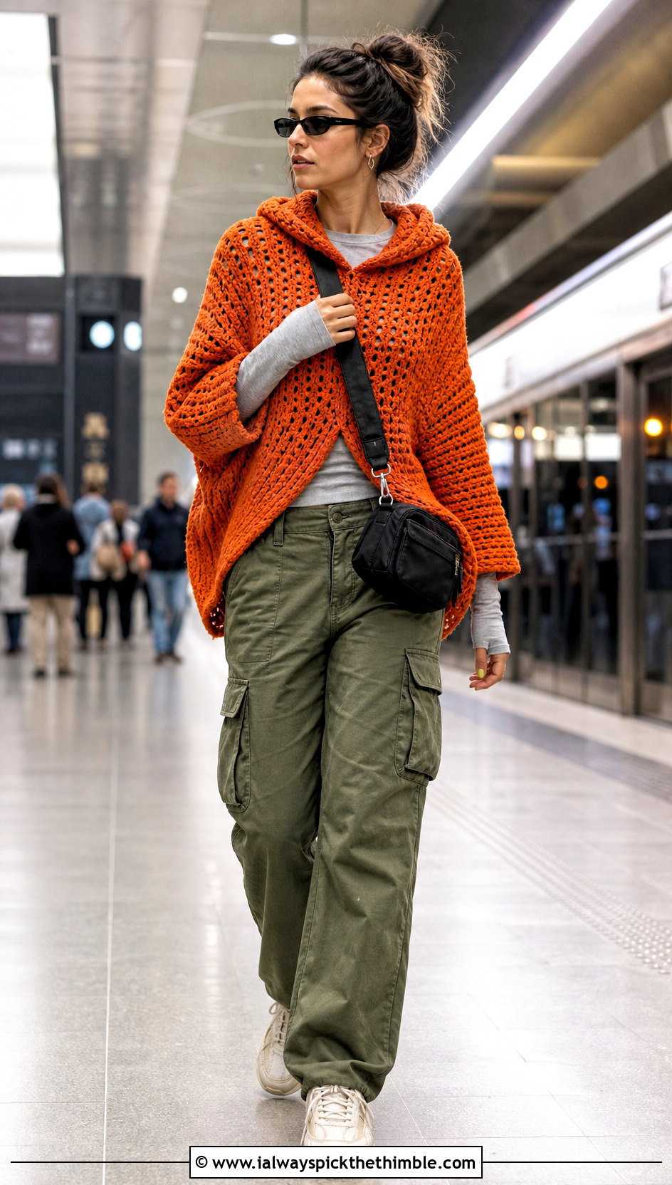 Hooded Crochet Shawl Sweater With Cargo Pants - 20 crochet shawl sweater outfit ideas