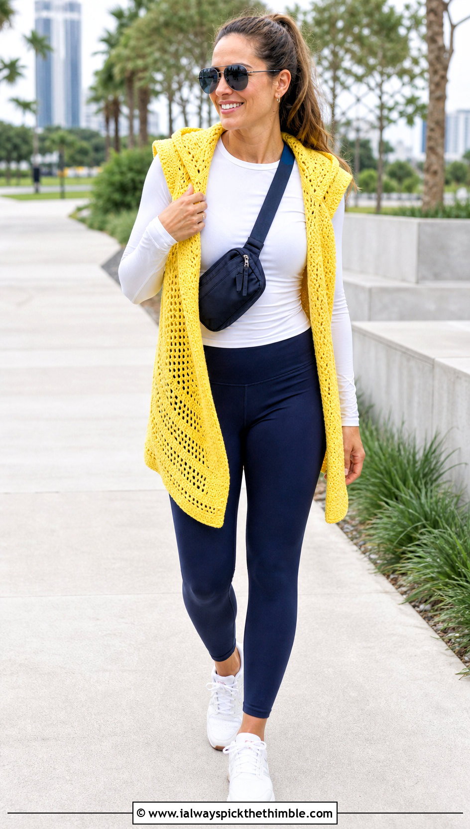Hooded Crochet Shawl Vest With Leggings And Sneakers - 20 crochet shawl vest outfit ideas