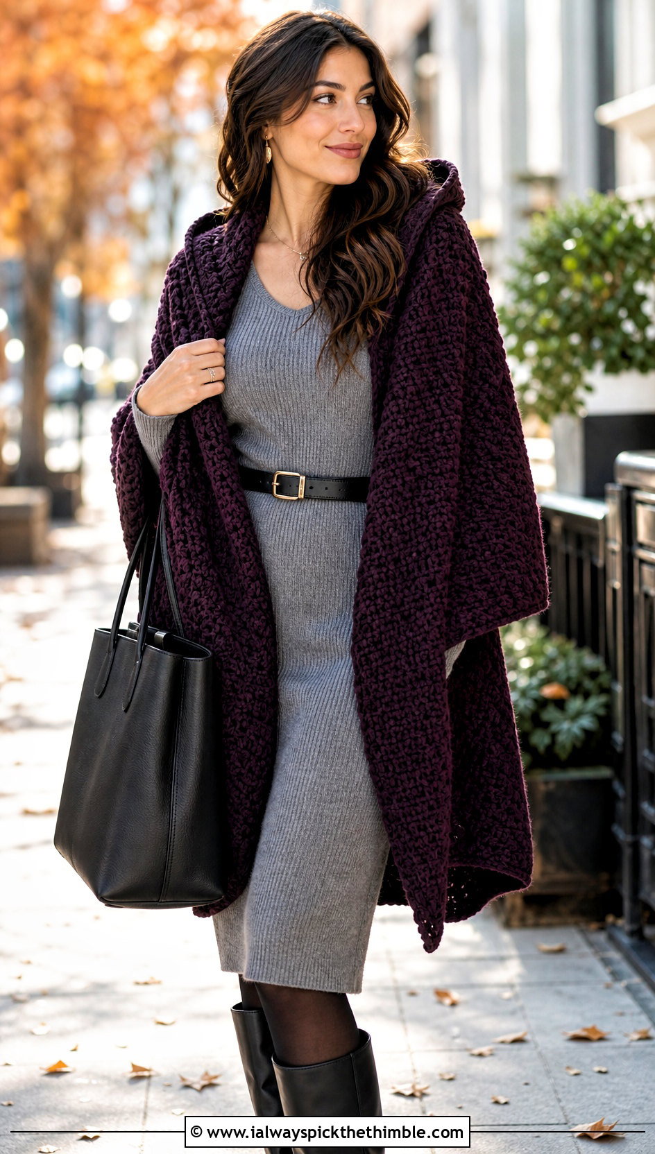 Hooded Crochet Shawl With A Sweater Dress - 20 Fall Crochet Shawl outfit ideas