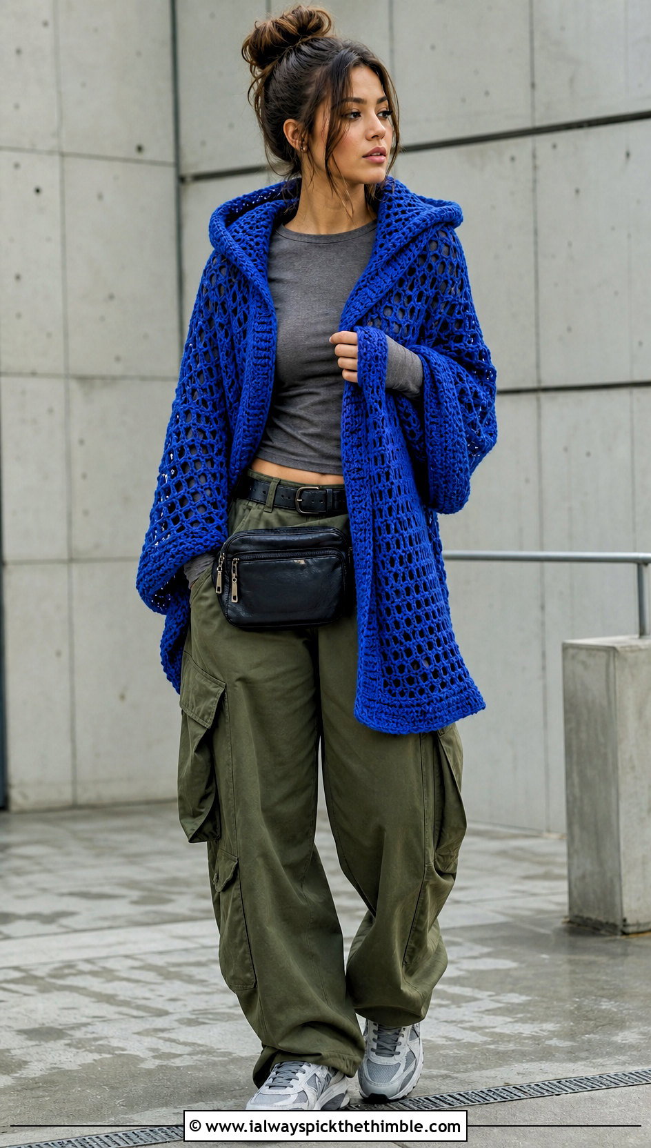 Hooded Crochet Shawl With Cargo Pants - 20 crochet for shawls outfit ideas