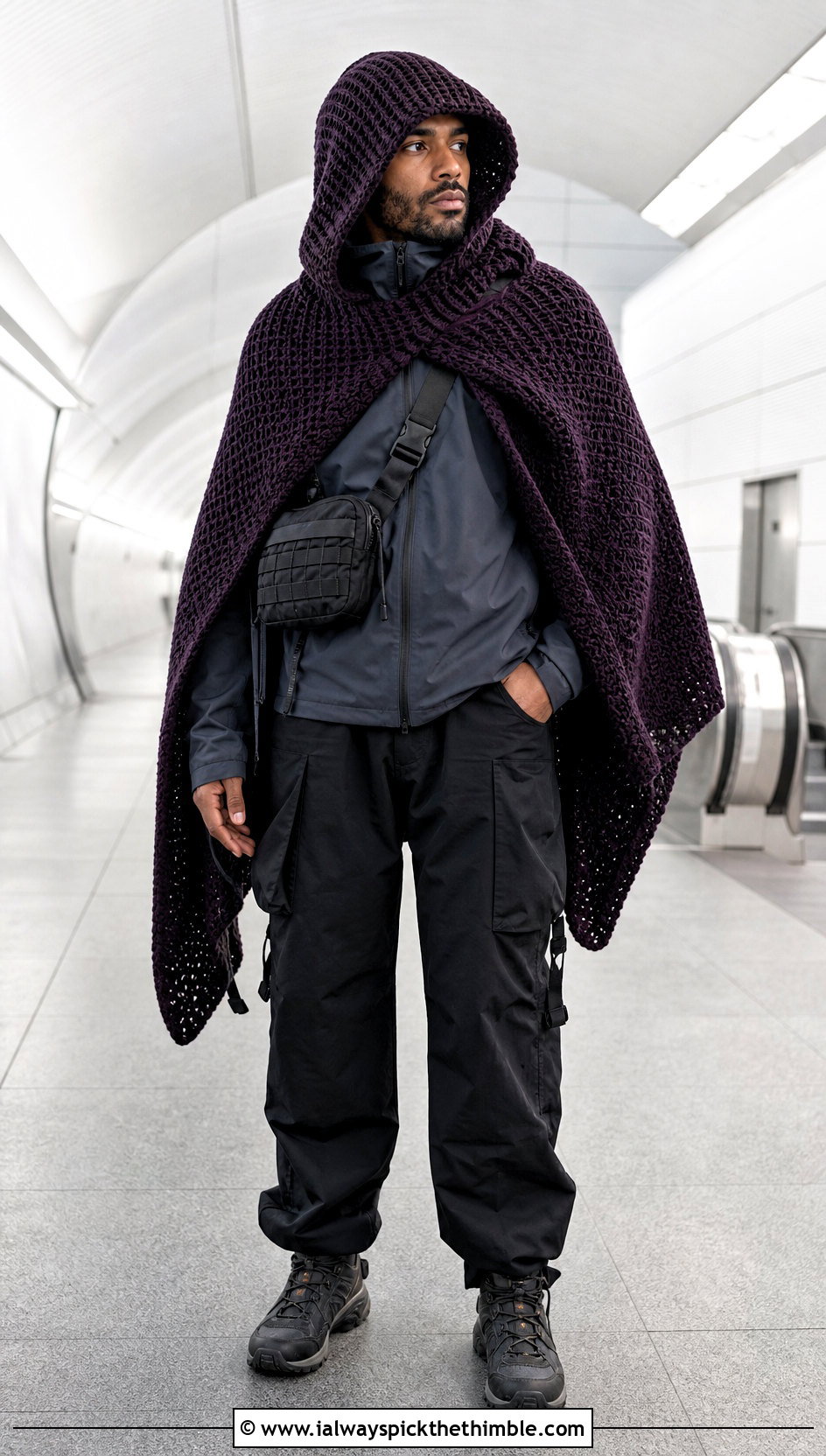 Hooded Crochet Shawl With Cargo Pants - 20 crochet shawl for men outfit ideas