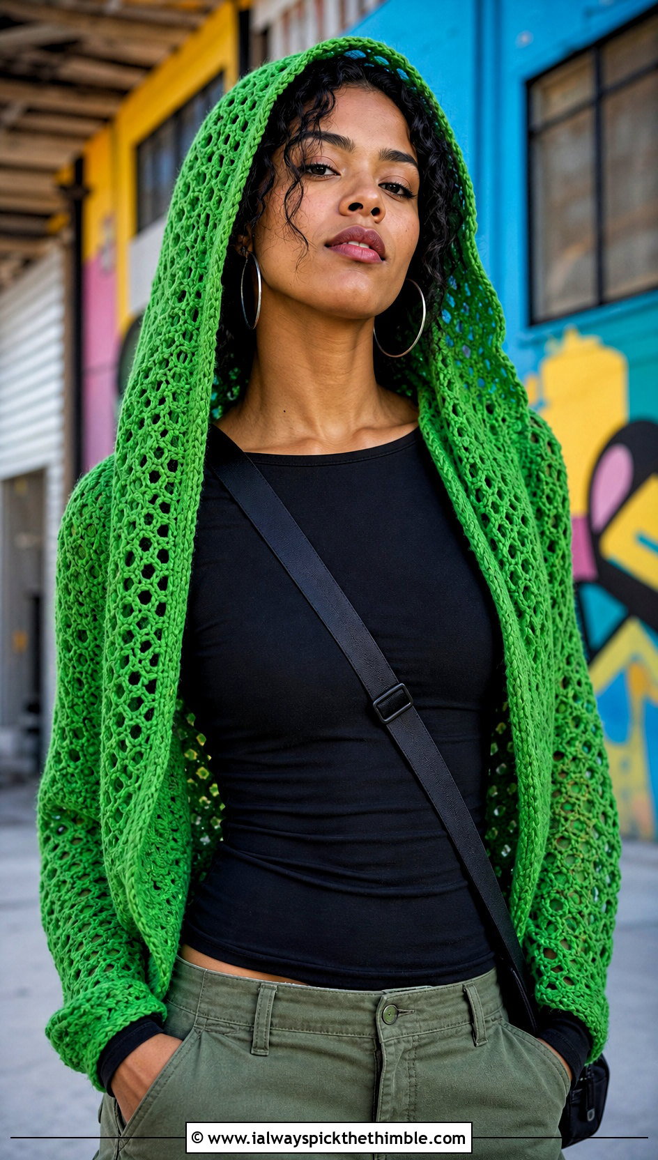 Hooded Crochet Shawl With Cargo Pants - 15 bright crochet shawl outfit ideas