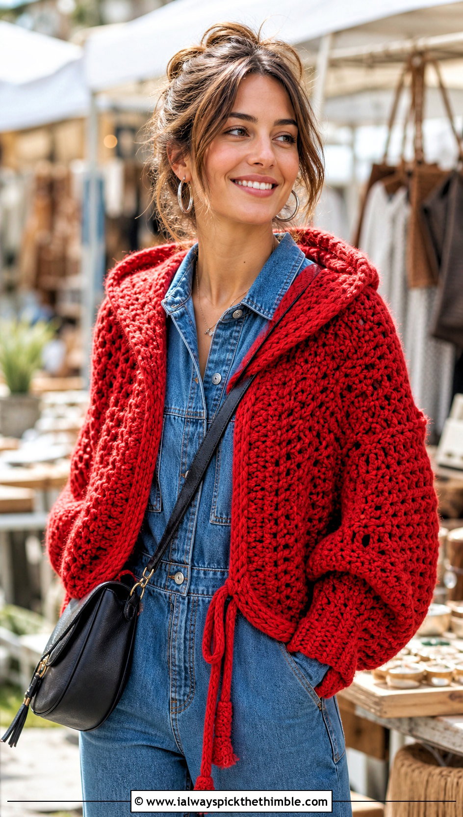 Hooded Crochet Shawl With Denim Jumpsuit - 25 quick crochet shawl outfit ideas
