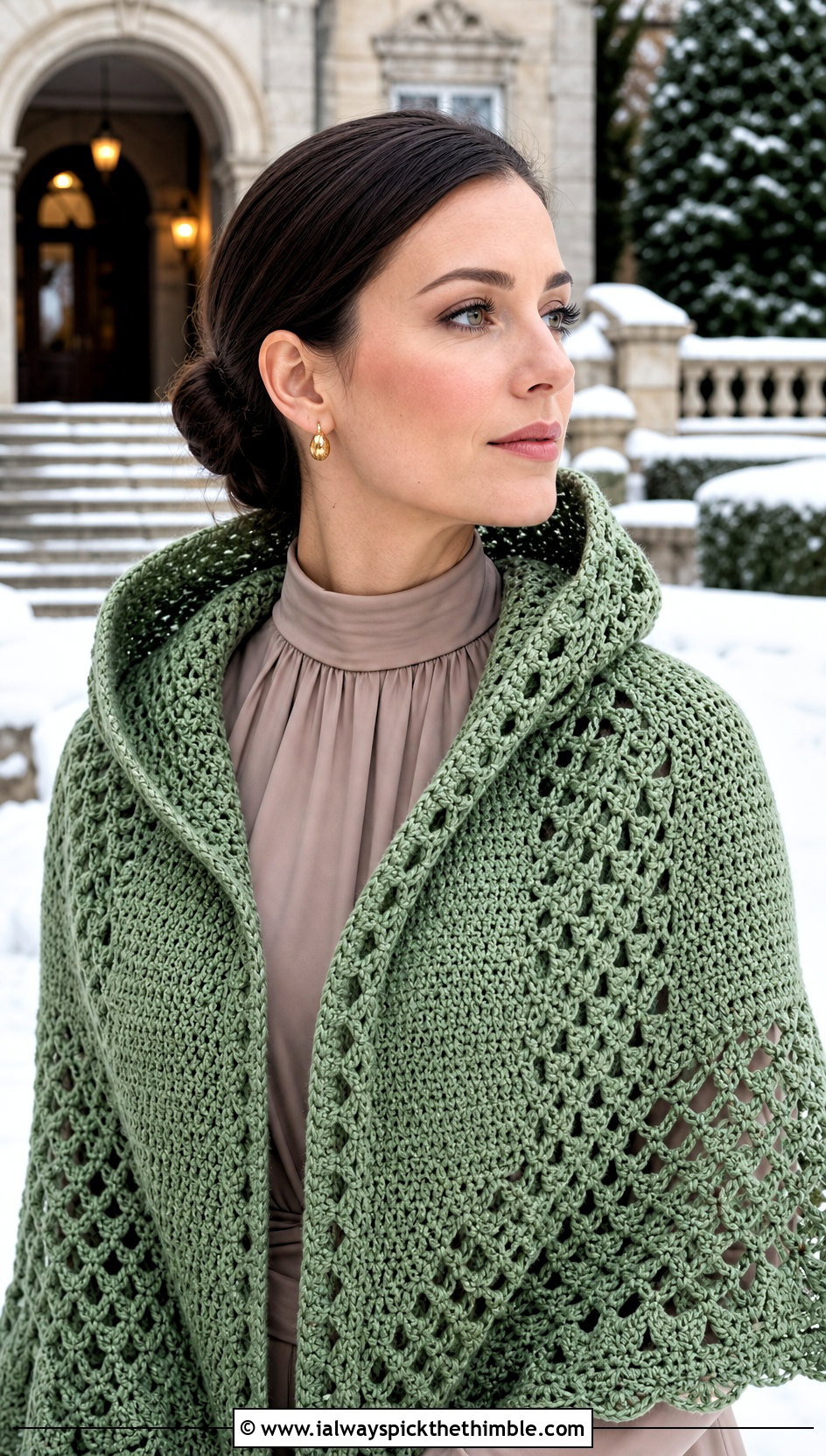 Hooded Crochet Shawl With High Neck Crepe Gown - 15 Winter Wedding Crochet Shawl outfit ideas