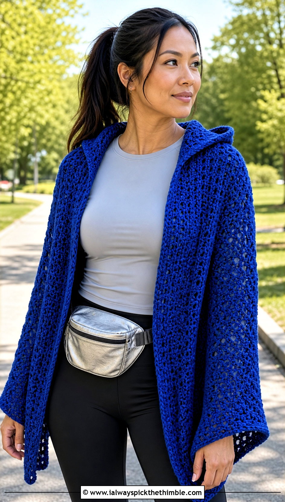 Hooded Crochet Shawl With Leggings And Running Shoes - 20 Spring Crochet Shawl outfit ideas
