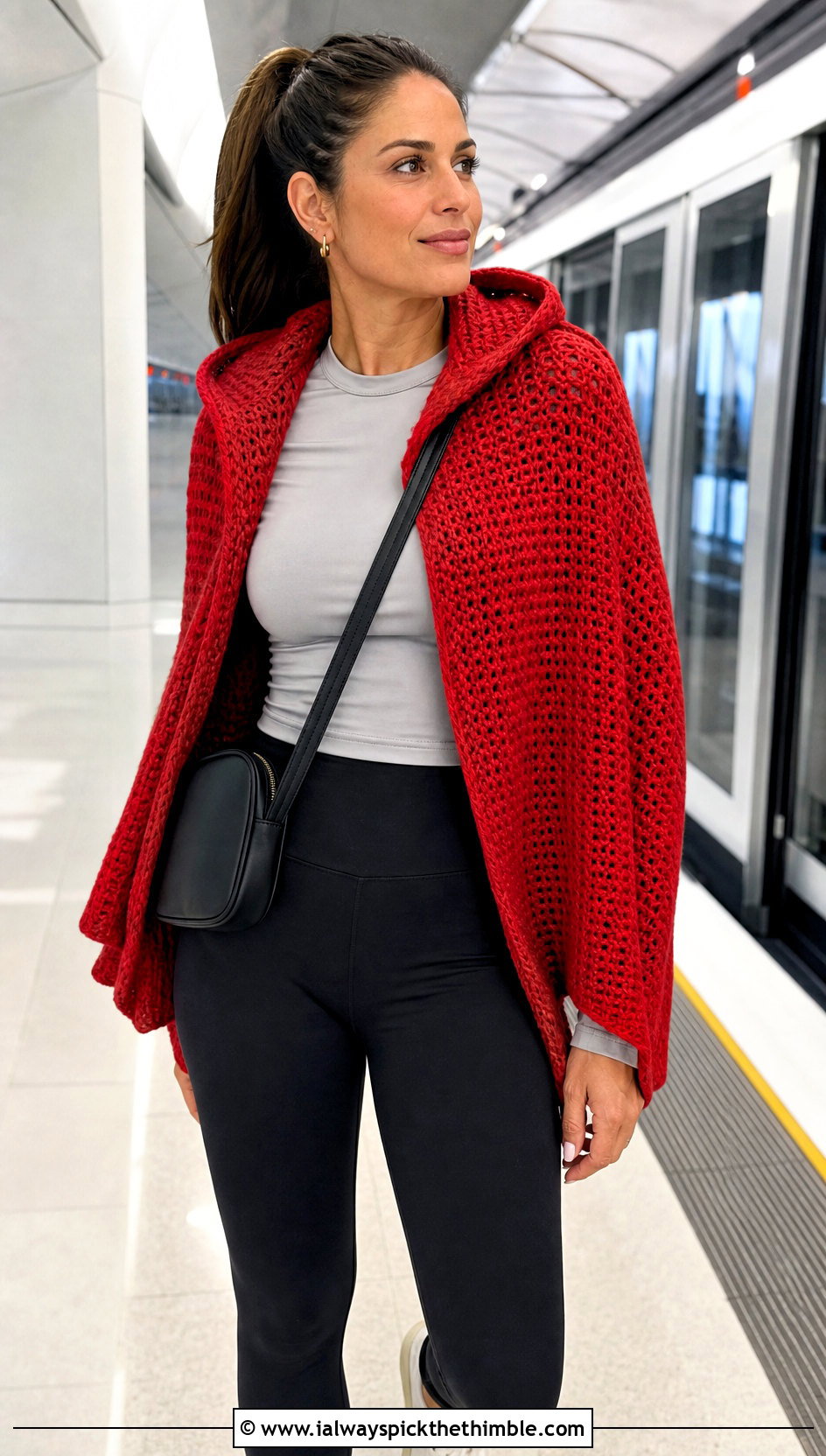 Hooded Crochet Shawl With Leggings And Sneakers - 20 Elegant Crochet Shawl outfit ideas