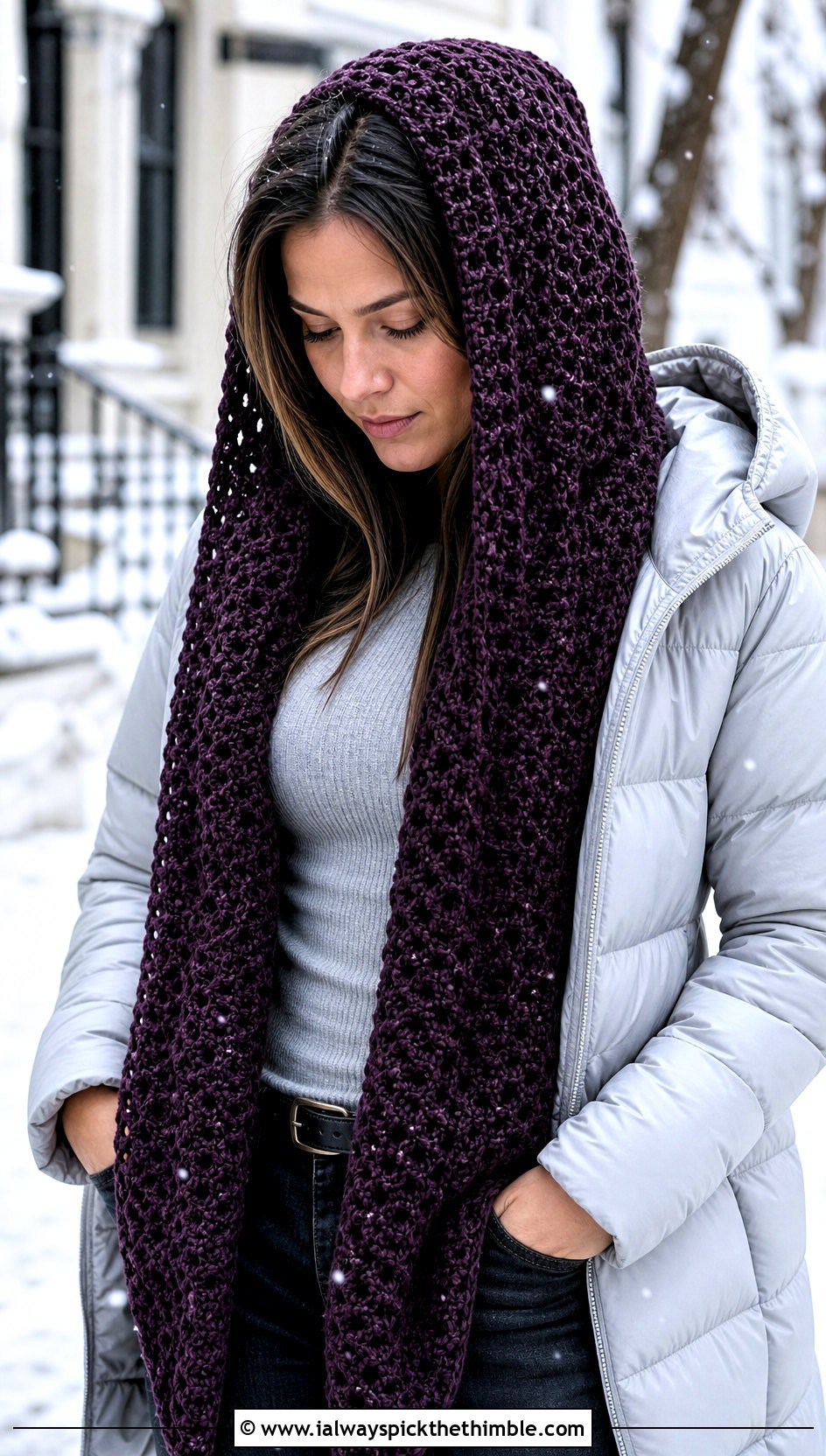 Hooded Crochet Shawl With Puffer Jacket And Boots - 25 crochet shawl outfit ideas