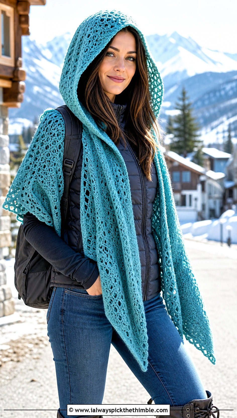 Hooded Crochet Shawl With Puffer Vest - 20 simple crochet shawls and wraps outfit ideas
