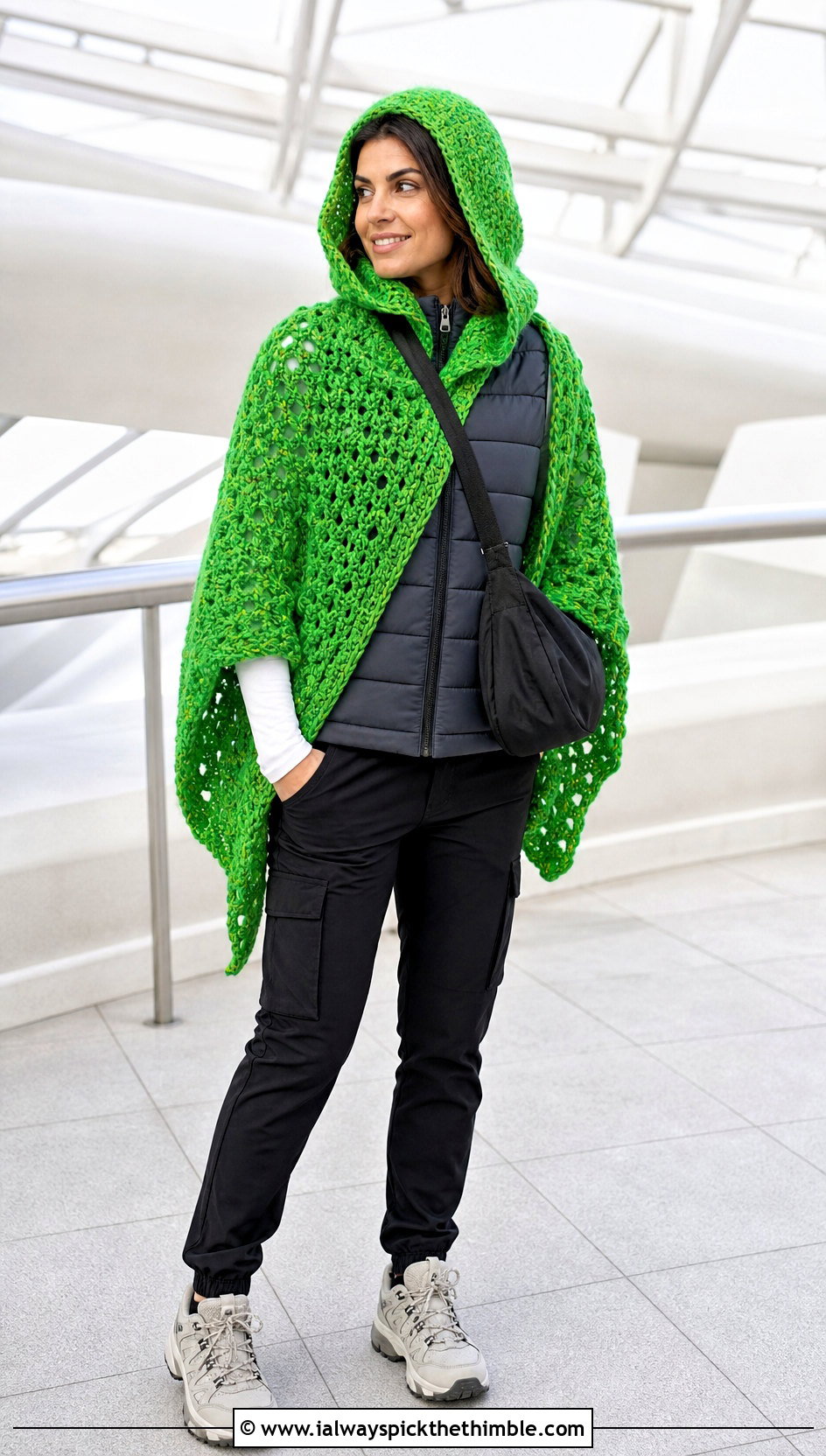 Hooded Crochet Shawl With Puffer Vest - 25 crochet wrap shawl outfit ideas