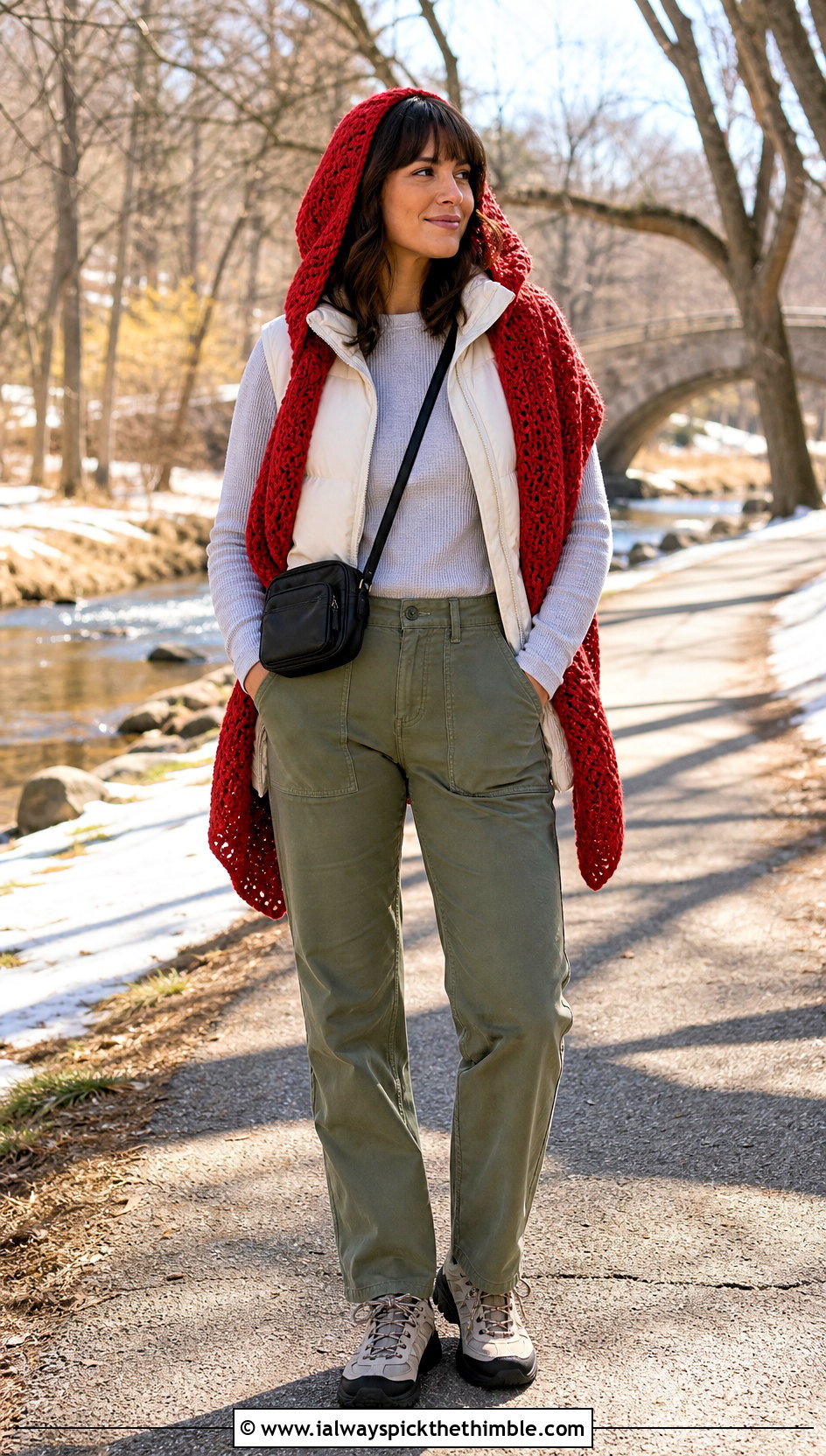 Hooded Crochet Shawl With Puffer Vest - 25 Crocheted Shawls And Wraps outfit ideas