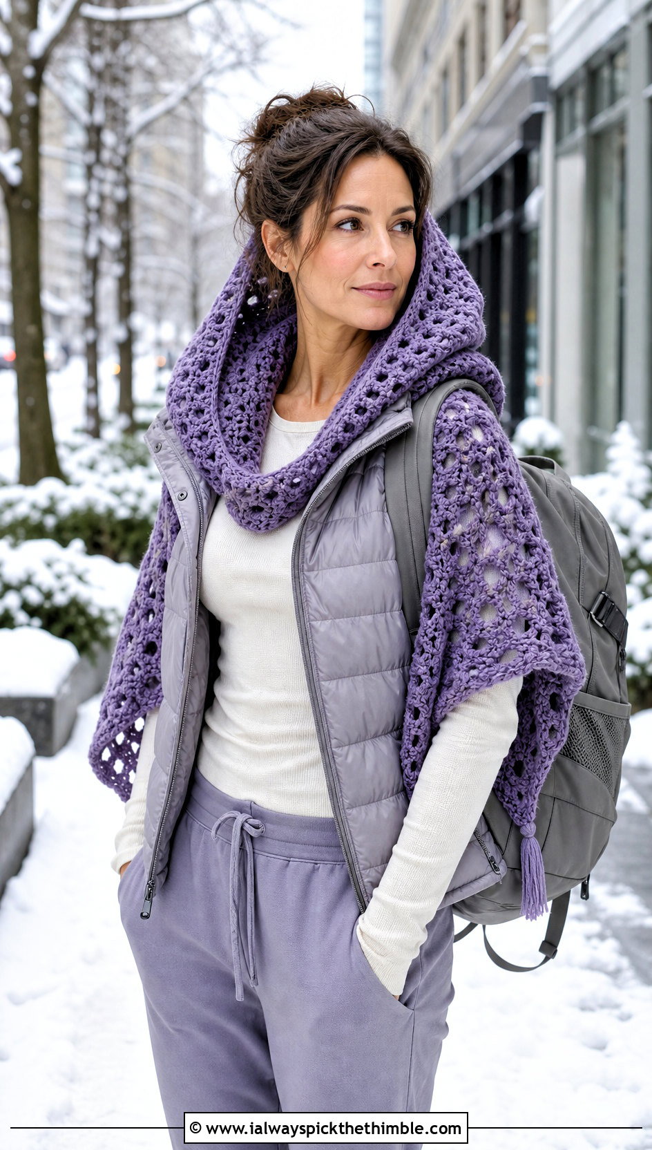Hooded Crochet Shawl With Puffer Vest And Joggers - 20 Crochet For Shawl outfit ideas
