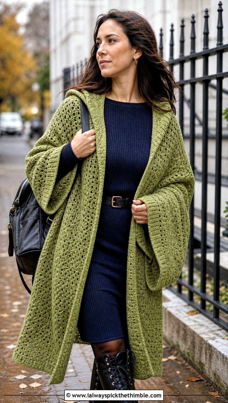 Hooded Crochet Shawl With Sweater Dress And Combat Boots - 20 Stevie Nicks Crochet Shawl outfit ideas