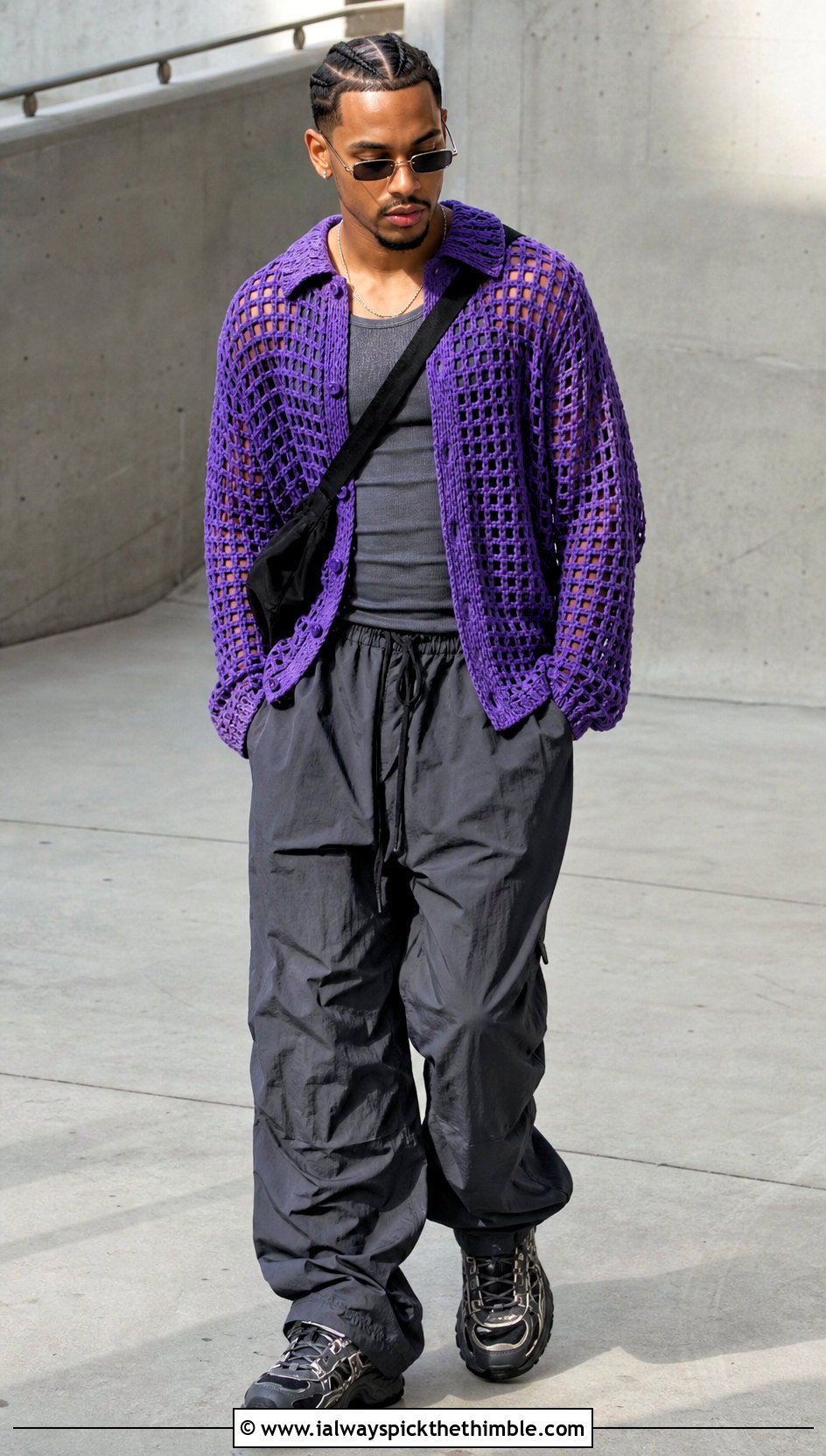 Hooded Crochet Shirt With Parachute Pants - 25 crochet shirts for men outfit ideas